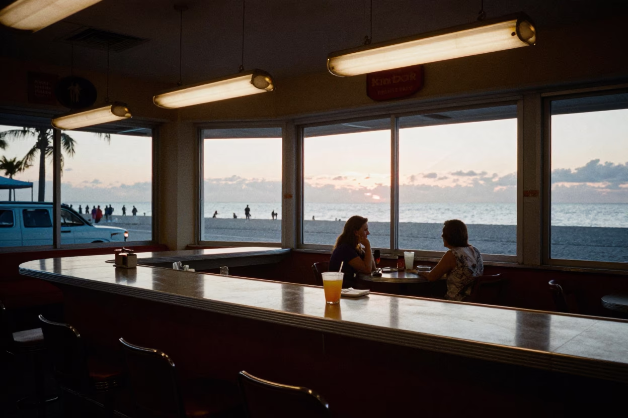 Vintage Miami Beach Diner Counter Scene Before Sunrise with Palmier Pastries and Coffee in in Miami, Florida, United States