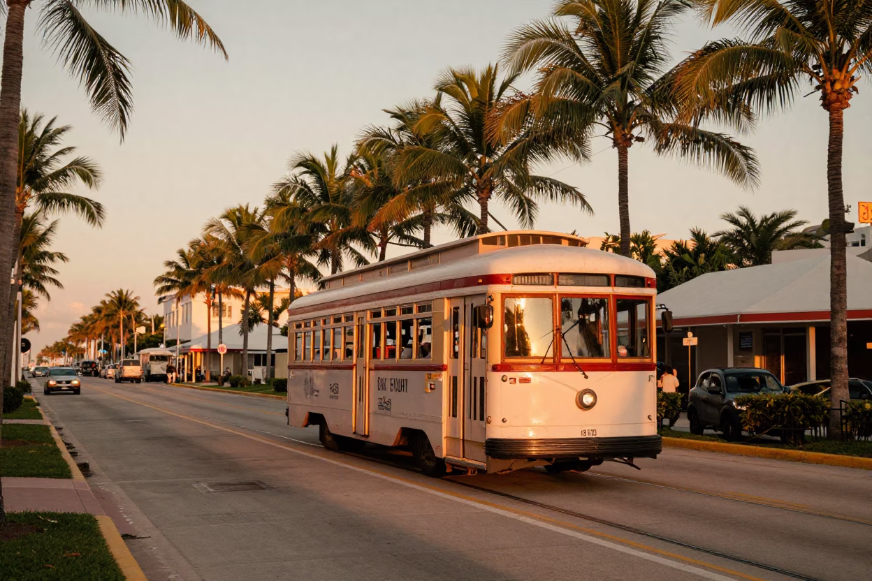 Vintage Miami Beach Street Scene with Tramcar and Palm Trees in Honeyed Evening Light in in Miami, Florida, United States