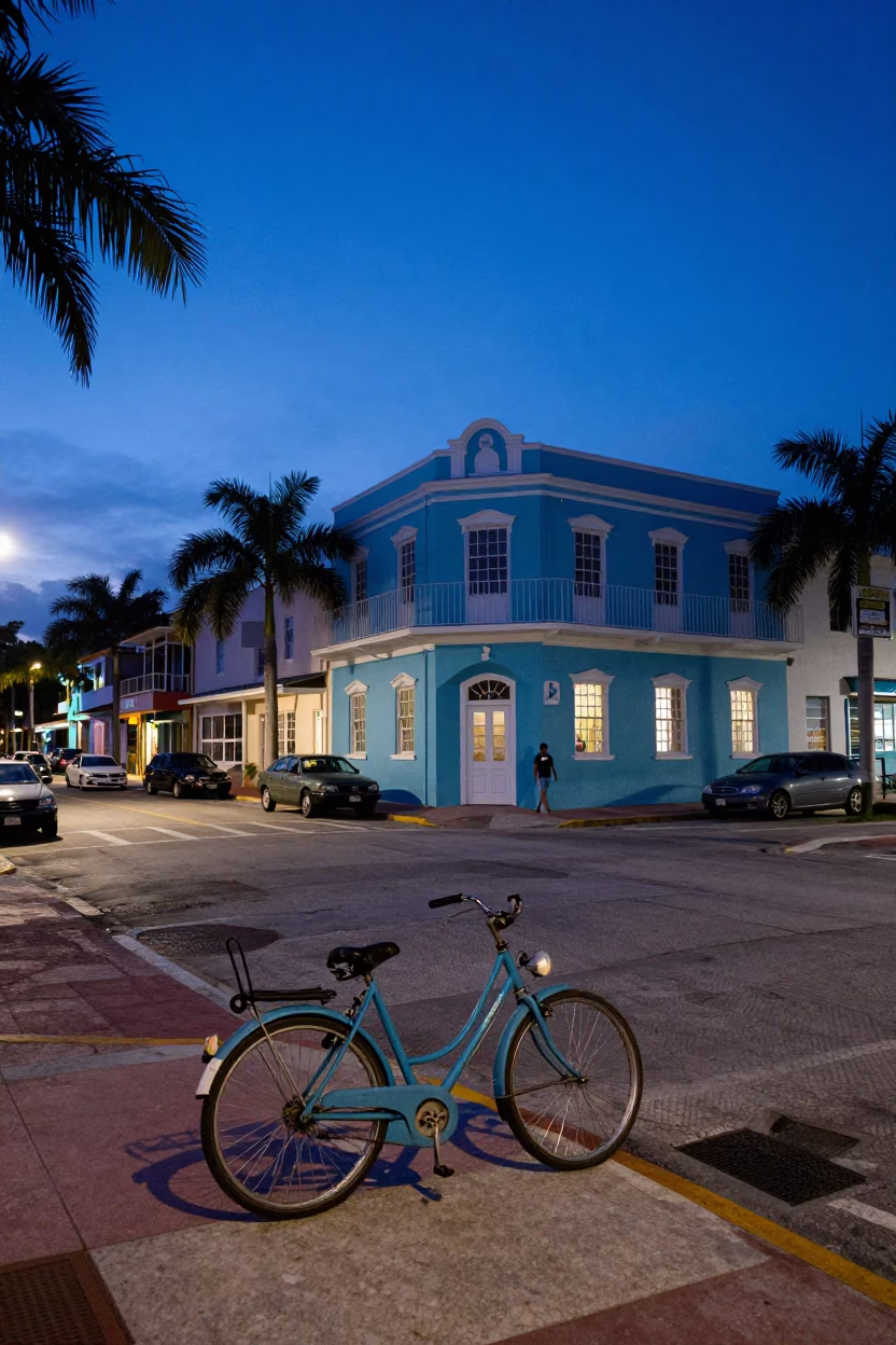 Vintage Miami Florida Evening Street Scene with Bicycle and Blue Light in in Miami, Florida, United States