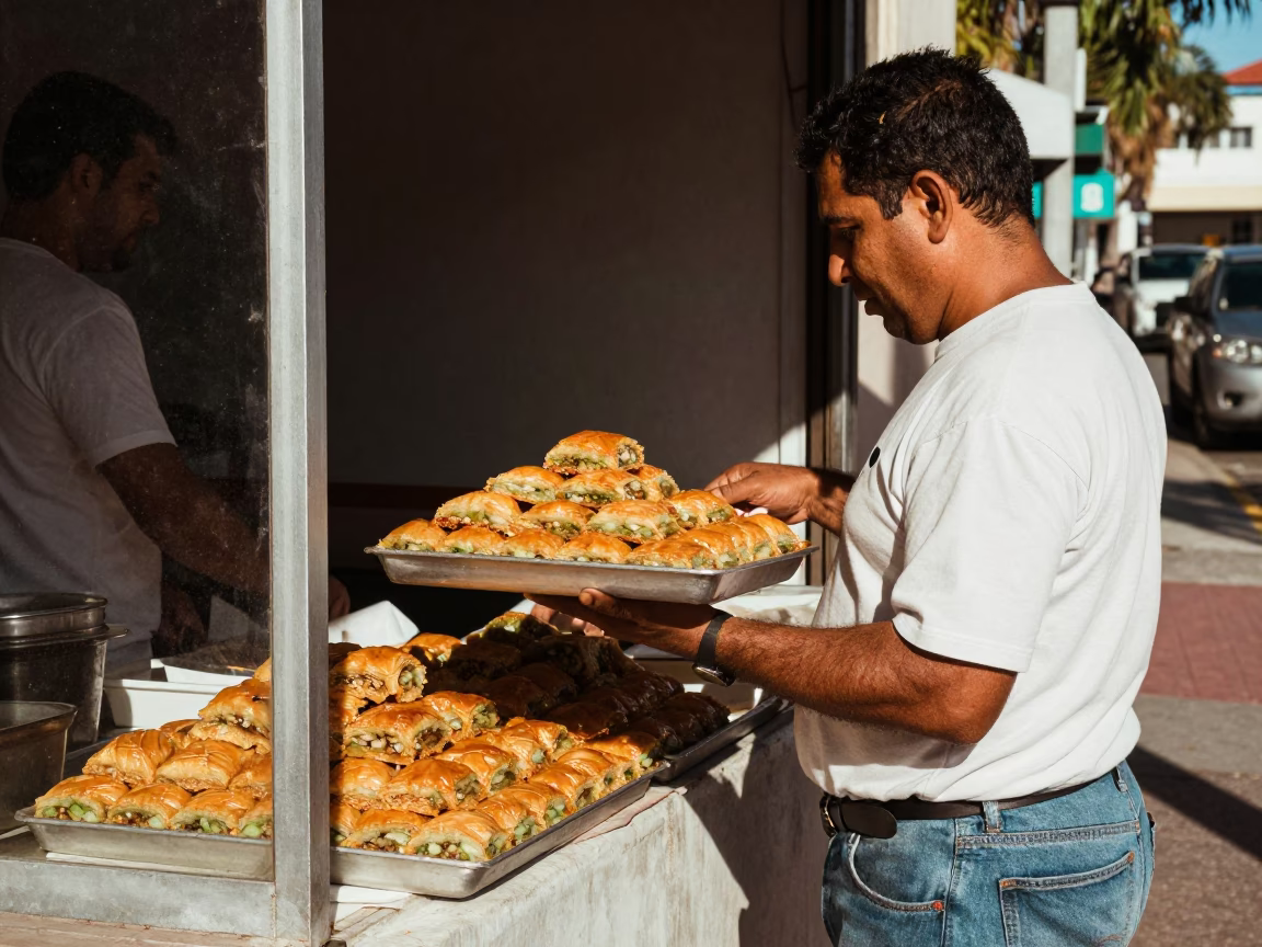 Vintage Miami Street Scene Late Morning with Tray of Baklava Glistening with Syrup in in Miami, Florida, United States