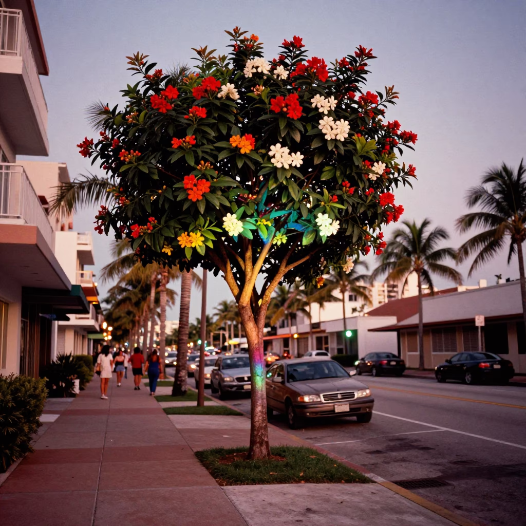 Vintage Miami Street Scene with Rainbow Eucalyptus and Gardenia Bushes in Copper Dusk Light in in Miami, Florida, United States