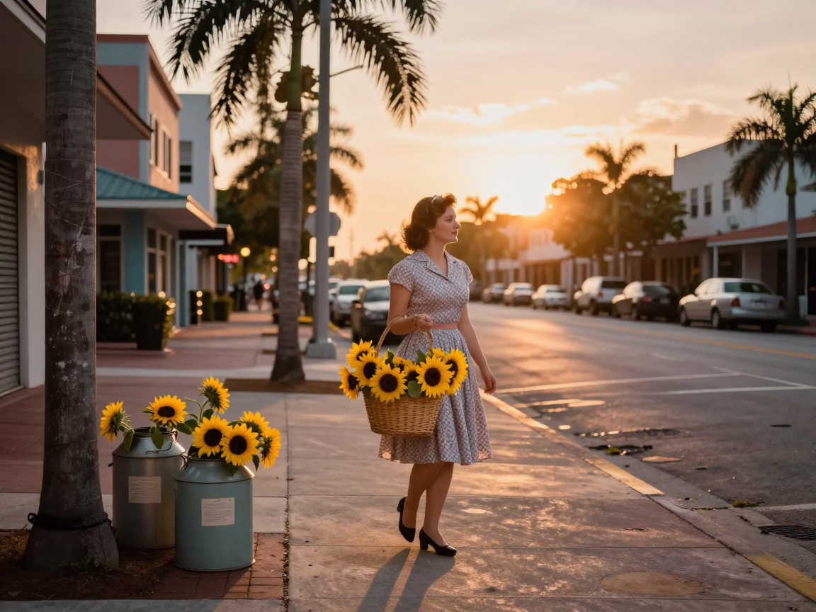 Vintage Miami Street Scene with Sunflowers and Canisters at Sunset in in Miami, Florida, United States