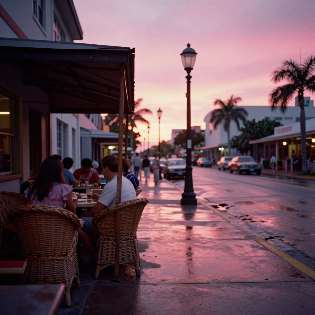 Vintage Miami Sunset Street Scene with Weathered Wicker and Rustic Camp Mugs in in Miami, Florida, United States
