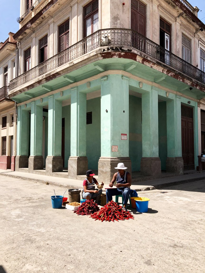 Vintage Midday Havana Street Scene with Local Market Stall and Colorful Architecture in in Havana, Cuba