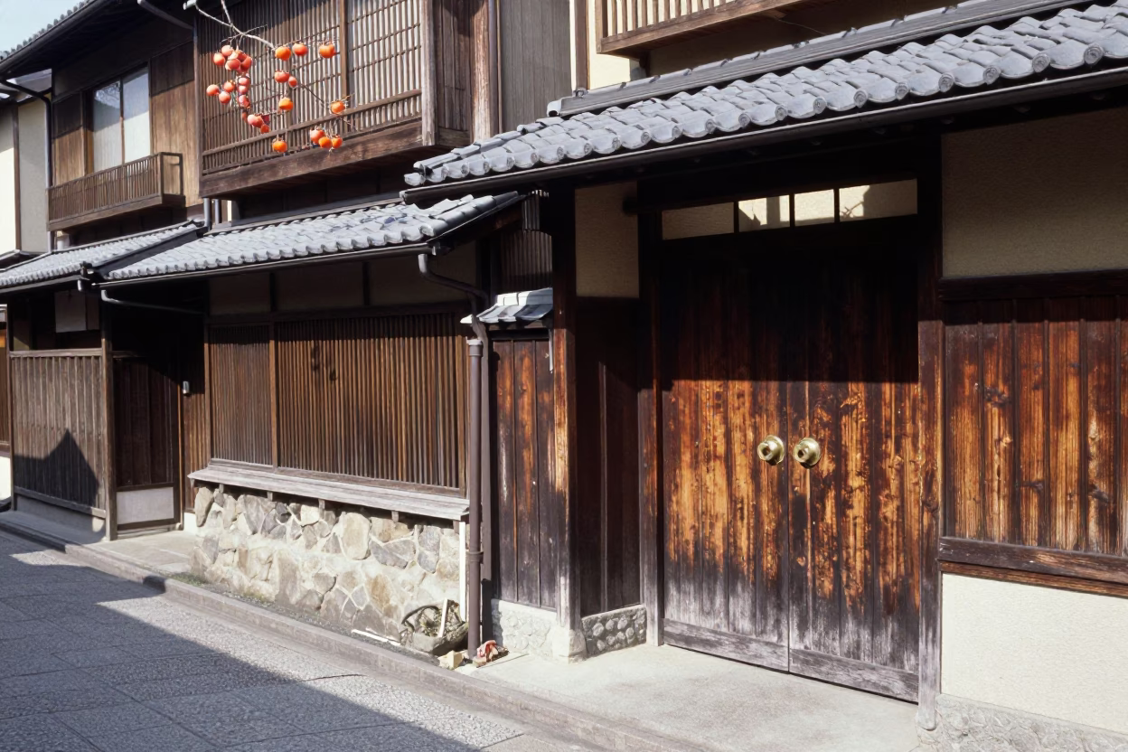 Vintage Midday Kyoto Street Scene with Persimmons and Gate Handle in in Kyoto, Japan