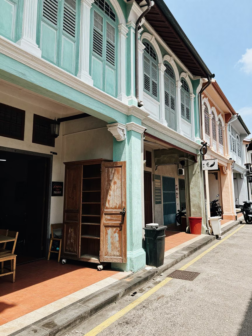 Vintage Midday Street Scene in George Town Malaysia with Shopfront Details in in George Town, Malaysia