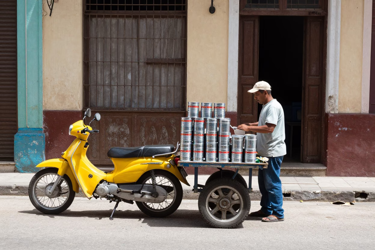 Vintage Midday Street Scene in Havana Cuba with Motorcycle and Tin Box in in Havana, Cuba