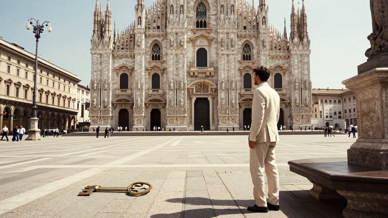 Vintage Midday Street Scene in Milan Italy with Heirloom Key and Solar Array in in Milan, Italy