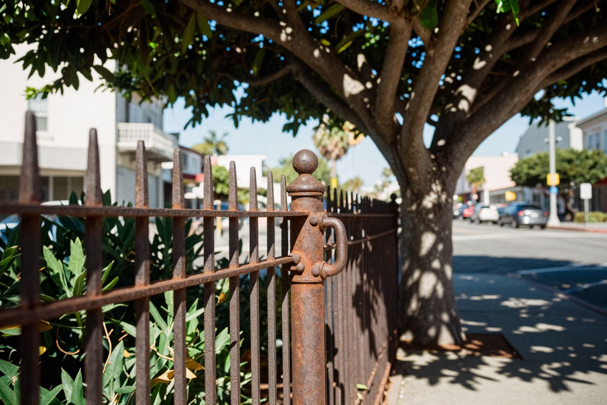 Vintage Midday Street Scene in San Francisco with Leaf Shadows and Oleander Hedge in in San Francisco, California, United States