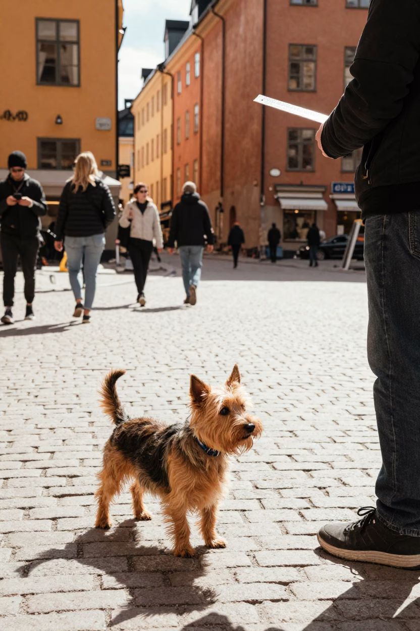 Vintage Midday Street Scene in Stockholm Sweden with Cairn Terrier and Folding Ruler in in Stockholm, Sweden