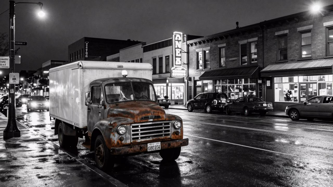 Vintage Midnight Street Scene in Portland Oregon with Rusty Truck and Address Book in in Portland, Oregon, United States