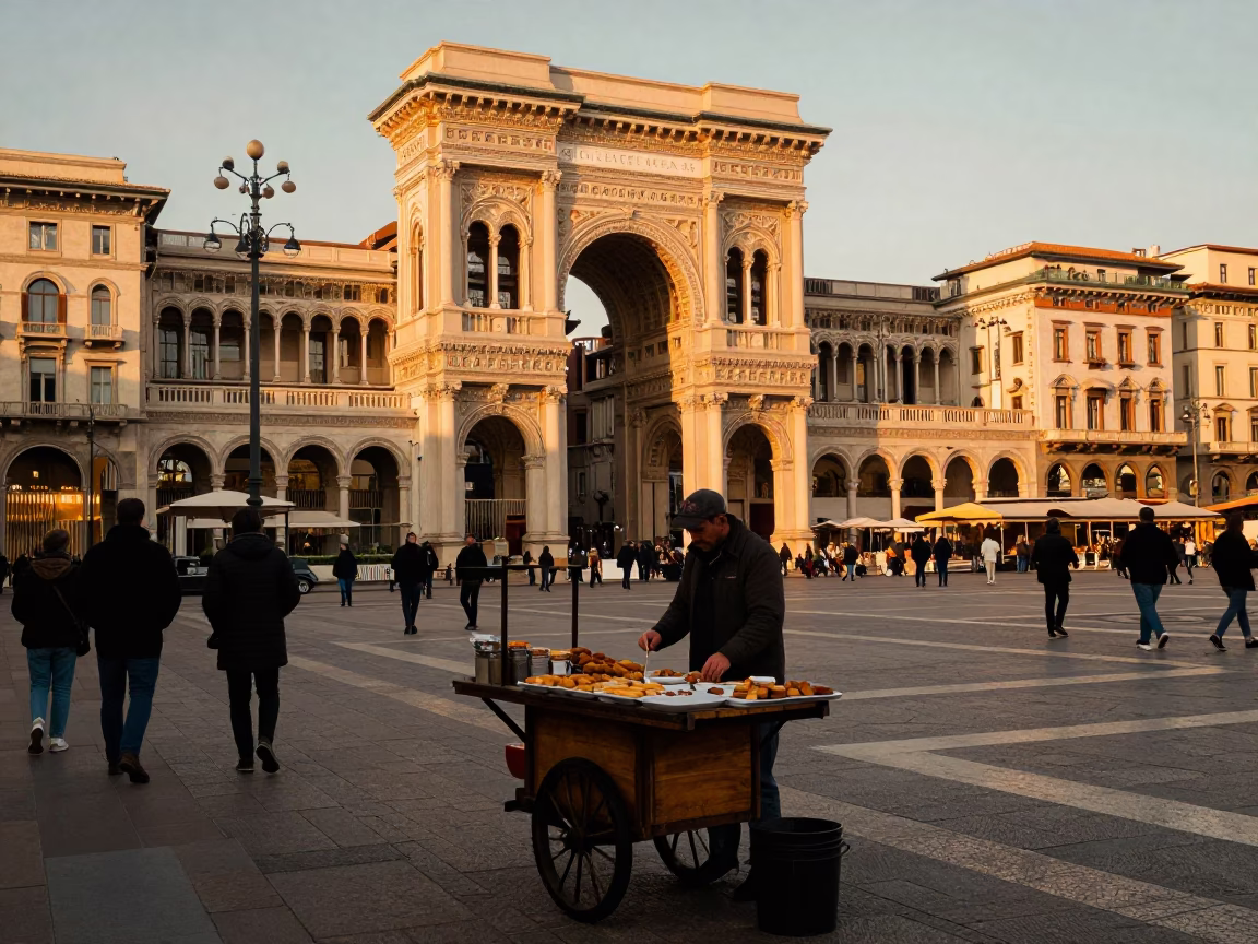 Vintage Milan Evening Street Scene with Traditional Food and Local Interaction in in Milan, Italy