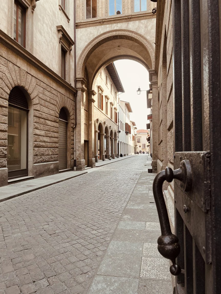 Vintage Milan Street Scene Late Morning with Stone Archway and Gate Handle Detail in in Milan, Italy