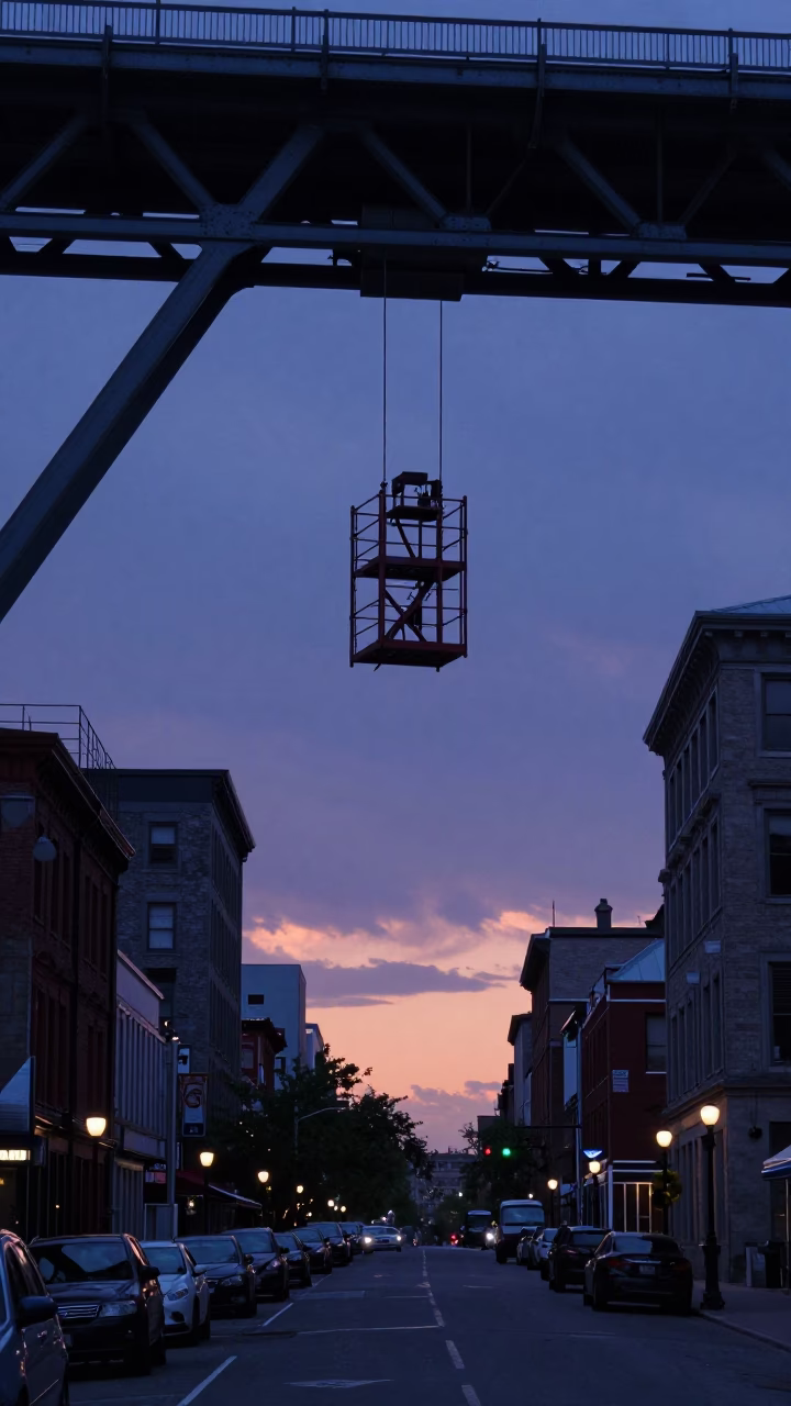 Vintage Montreal Dawn Street Scene with Bridge Maintenance Cage and Urban Architecture in in Montreal, Quebec, Canada