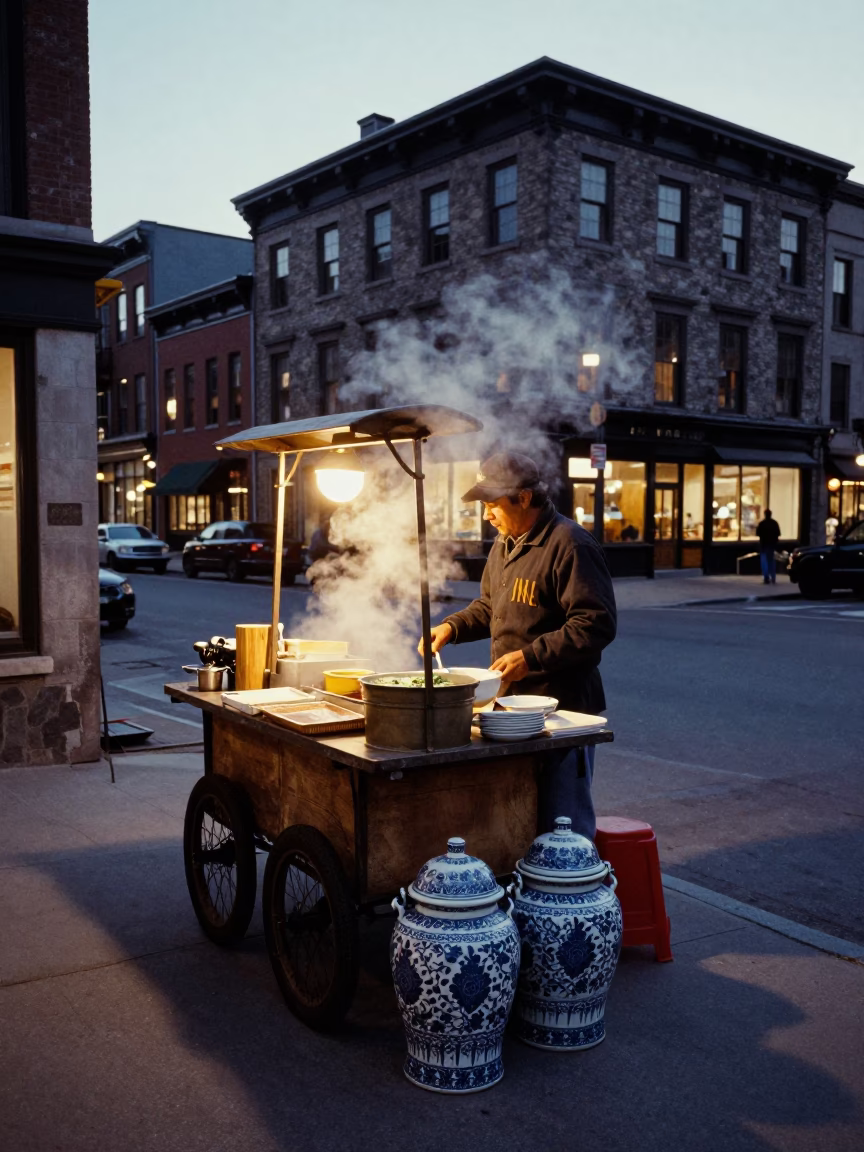 Vintage Montreal Evening Street Scene with Blue Porcelain Jar and Bamboo Steamers in in Montreal, Quebec, Canada