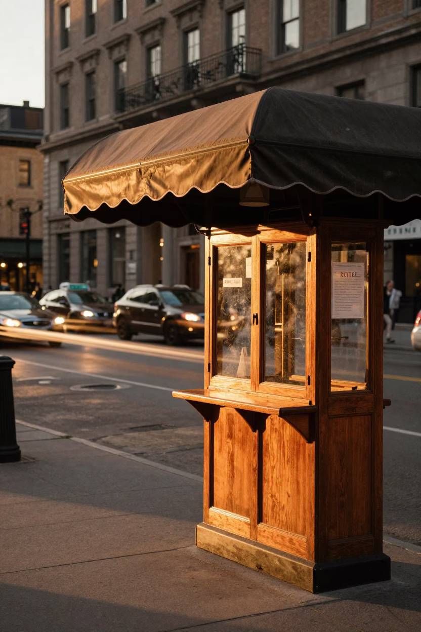 Vintage Montreal Evening Street Scene with Hotel Valet Stand and Urban Reflections in in Montreal, Quebec, Canada