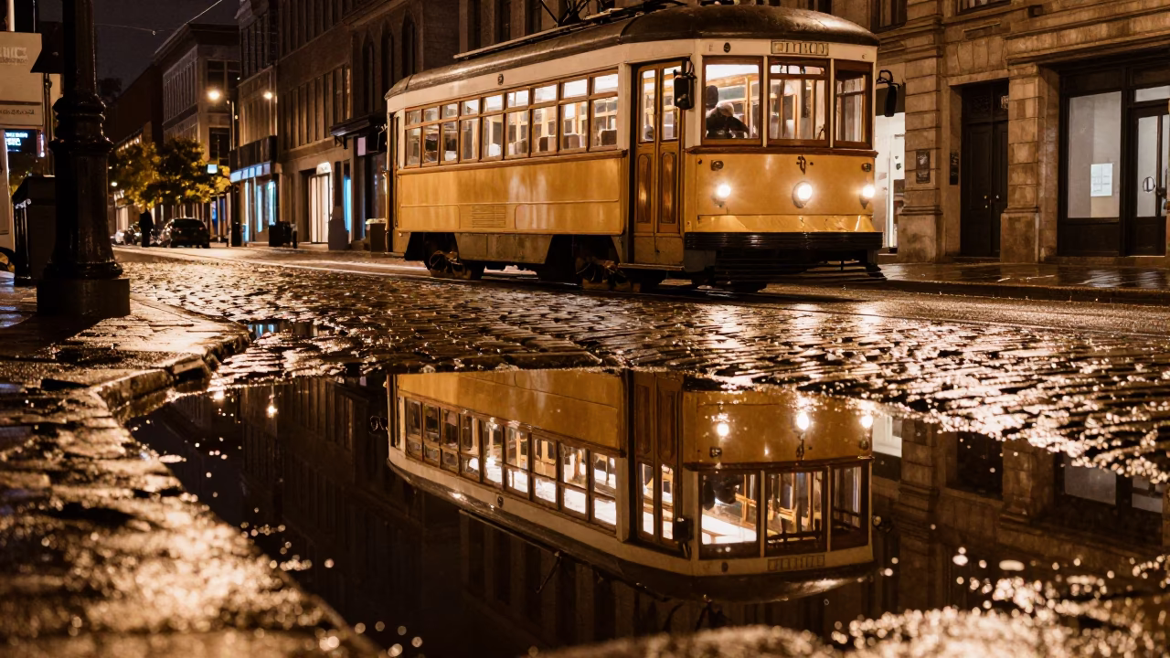 Vintage Montreal Night Tram Reflection in Rain Puddle Cobblestones 1960s in in Montreal, Quebec, Canada