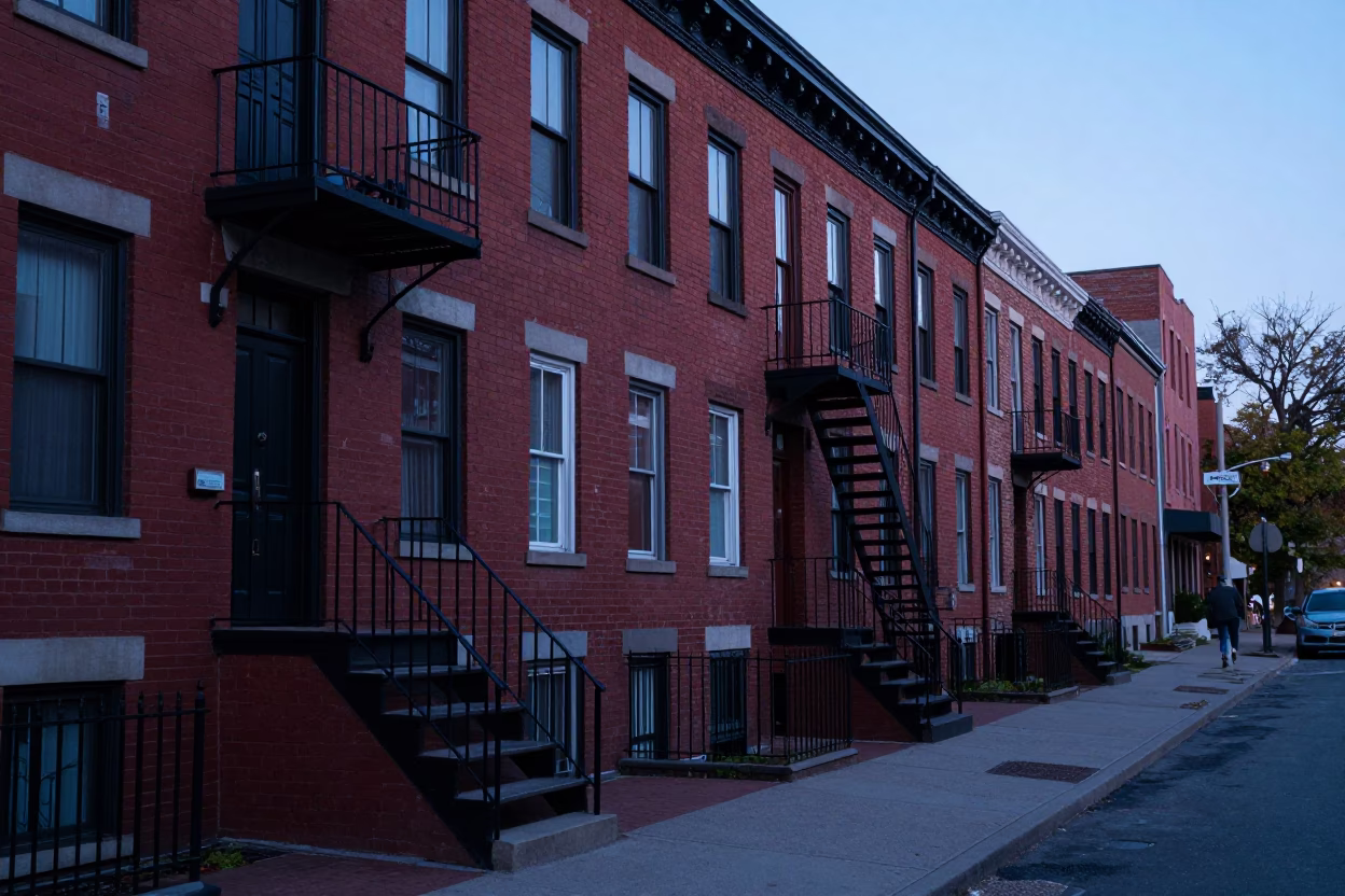 Vintage Montreal Street Scene at Dawn with Red Brick Architecture and Early Morning Commuters in in Montreal, Quebec, Canada