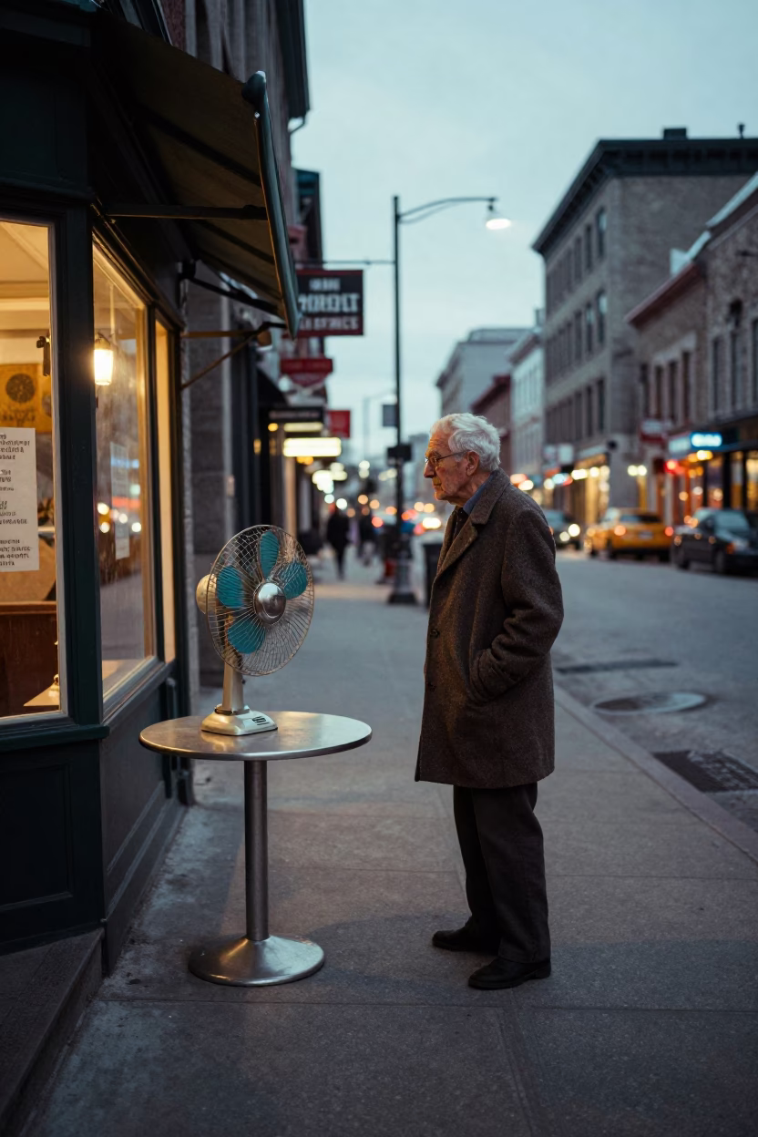 Vintage Montreal Street Scene at Dusk with Table Fan and Neon Signage in in Montreal, Quebec, Canada