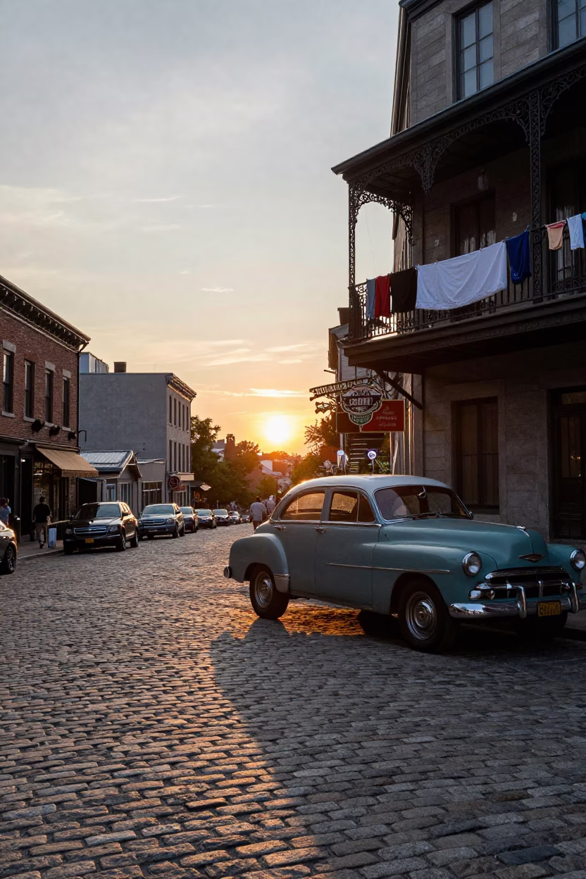 Vintage Montreal Street Scene at Sunset with Classic Cars and French Architecture in in Montreal, Quebec, Canada