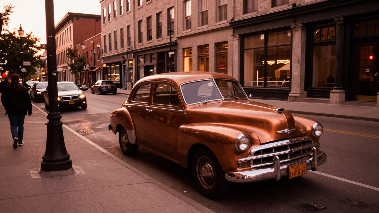 Vintage Montreal Street Scene Before Dusk with Classic Cars and Cobblestone Architecture in in Montreal, Quebec, Canada