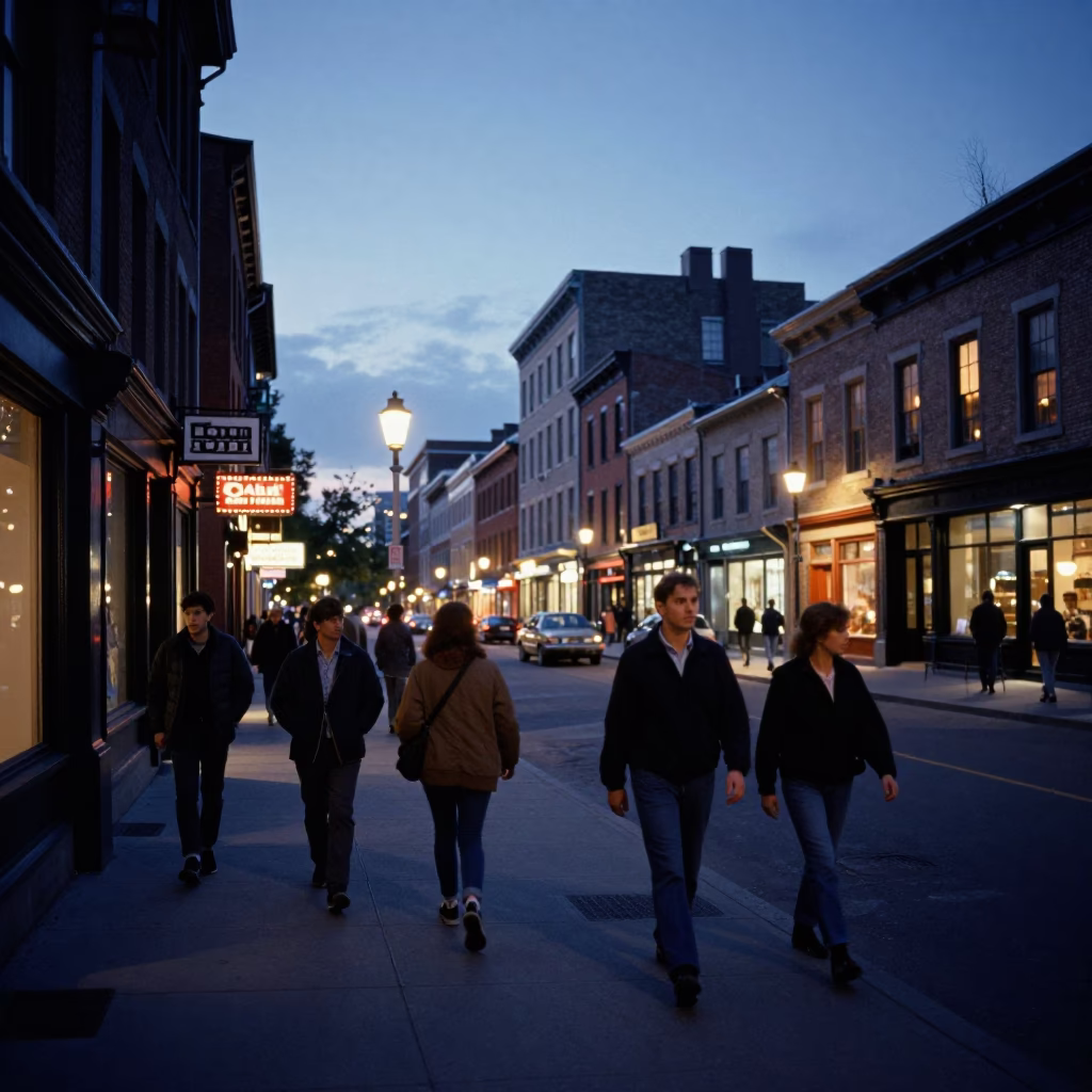 Vintage Montreal Street Scene During Blue Hour With Local Pedestrians in in Montreal, Quebec, Canada