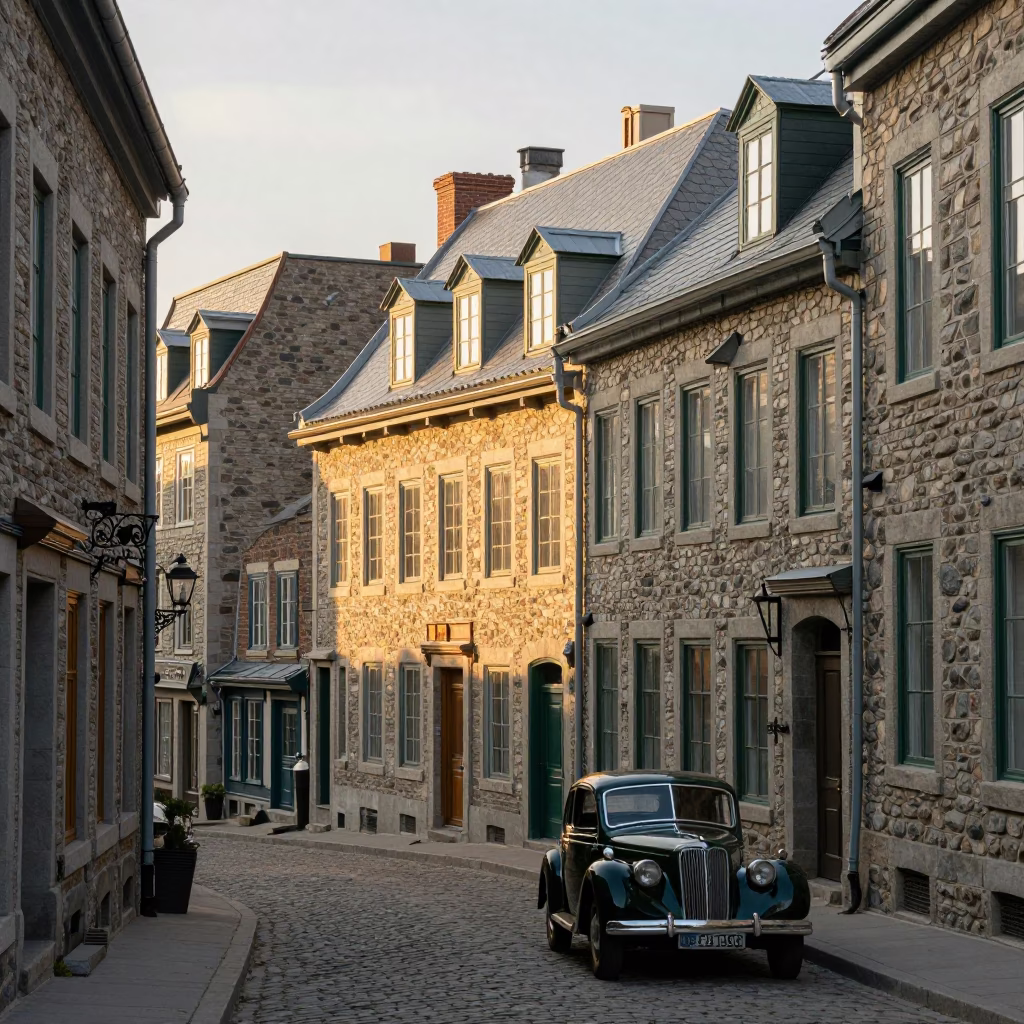 Vintage Montreal Street Scene First Light with Retro Car and Cobblestone Architecture in in Montreal, Quebec, Canada