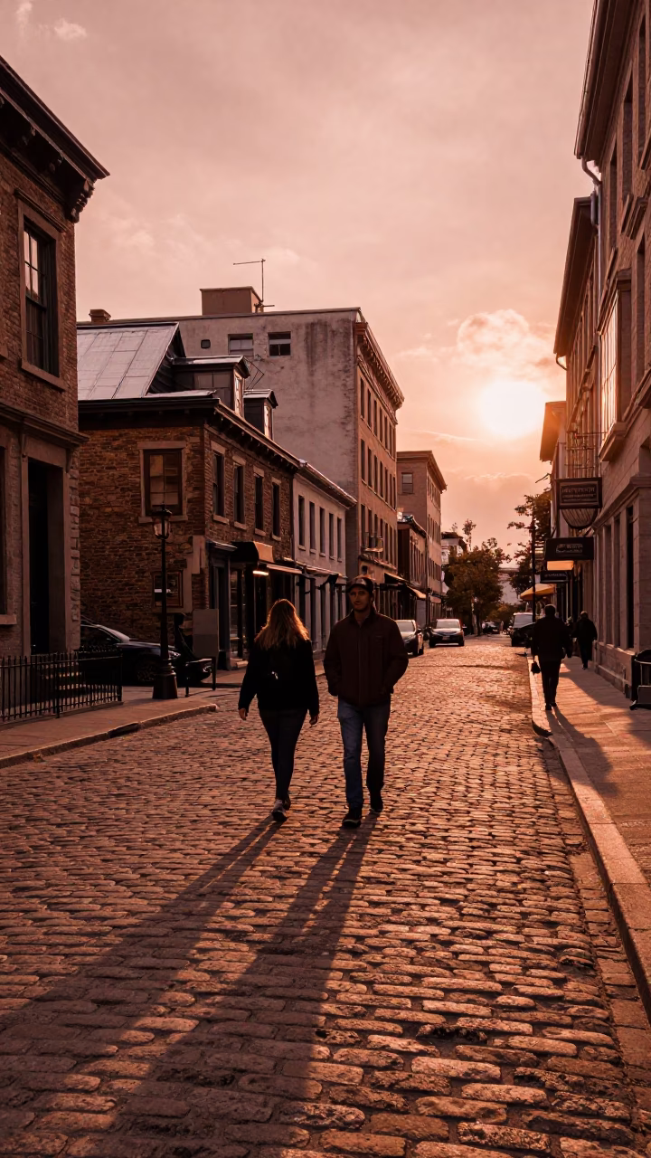 Vintage Montreal Street Scene in Copper Dusk Light with Iron Hook and Shoe Brush in in Montreal, Quebec, Canada