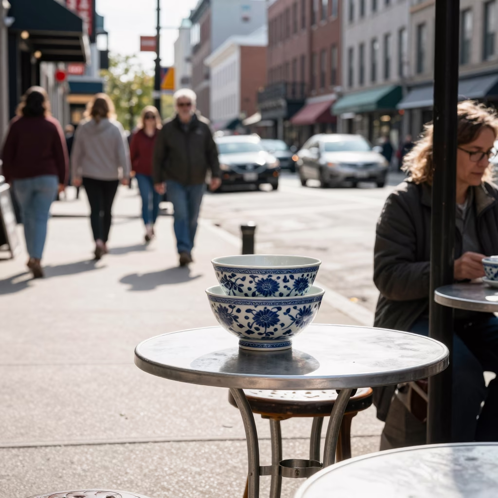 Vintage Montreal Street Scene Late Morning with Blue Porcelain Bowl on Café Table in in Montreal, Quebec, Canada