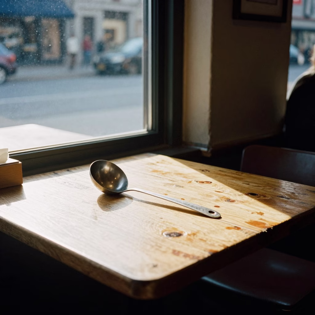 Vintage Montreal Street Scene Late Morning with Ladle and Measuring Cups on Cafe Table in in Montreal, Quebec, Canada