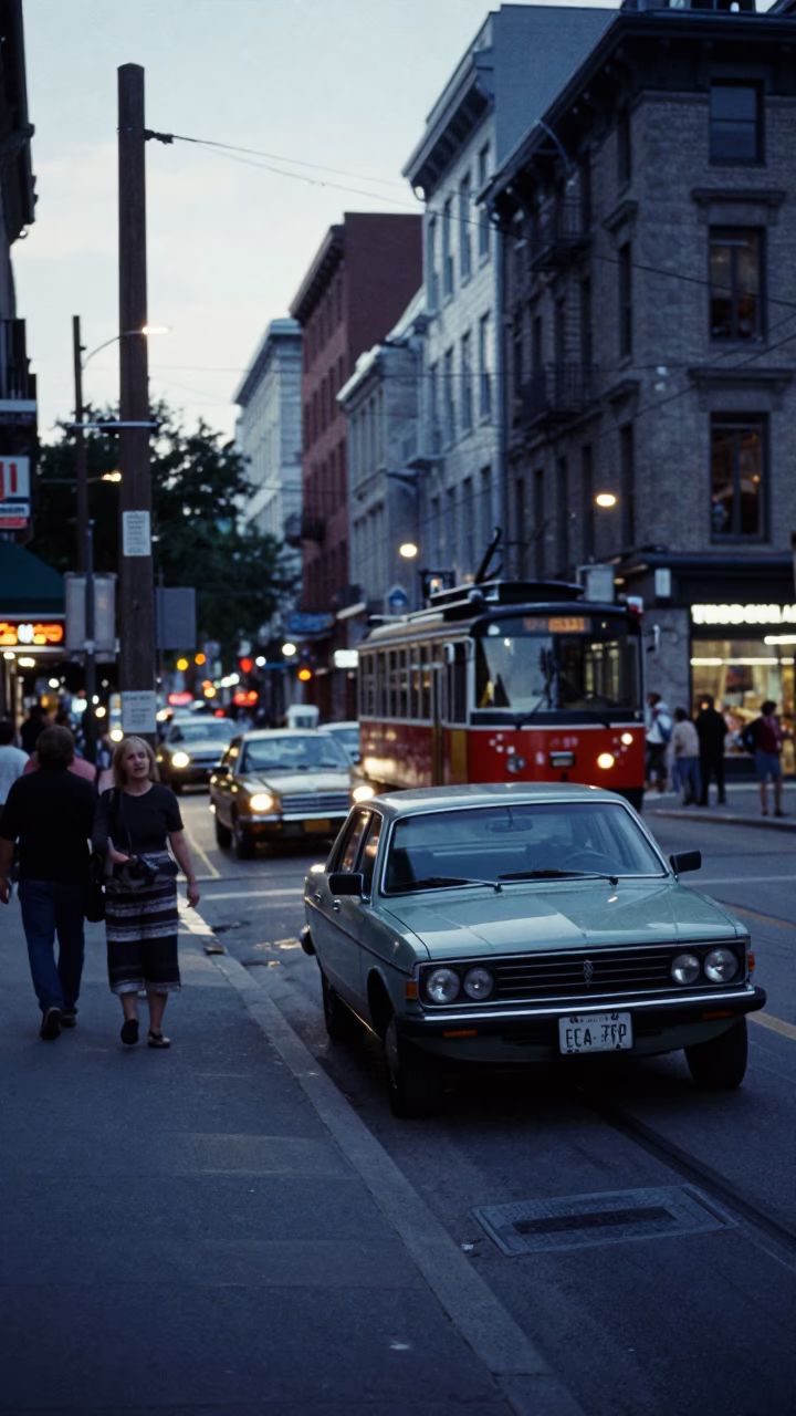Vintage Montreal Street Scene with Funicular and Classic Cars at Dusk in in Montreal, Quebec, Canada
