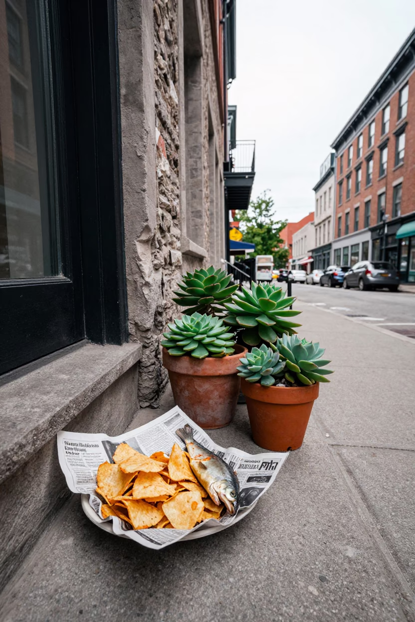 Vintage Montreal Street Scene with Potted Succulents and Fish and Chips in in Montreal, Quebec, Canada
