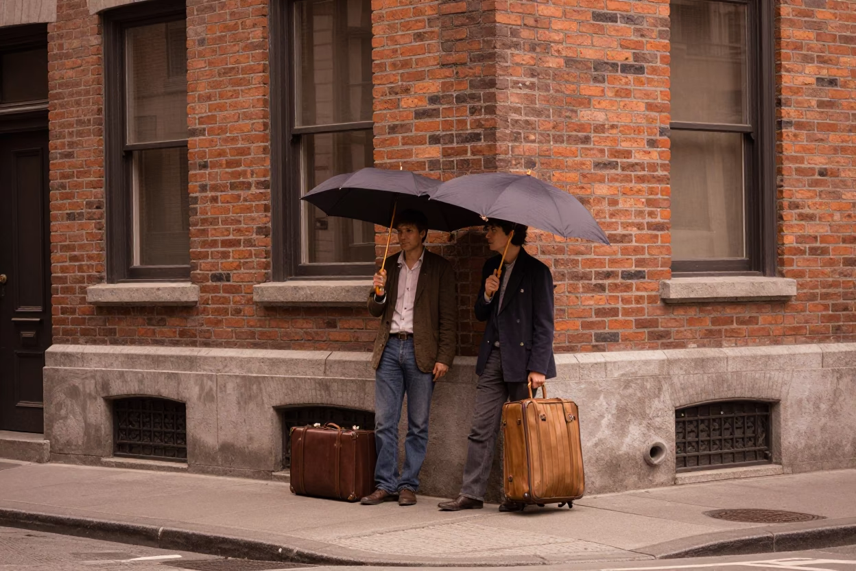 Vintage Montreal street scene with umbrellas and suitcases in copper dusk light in in Montreal, Quebec, Canada