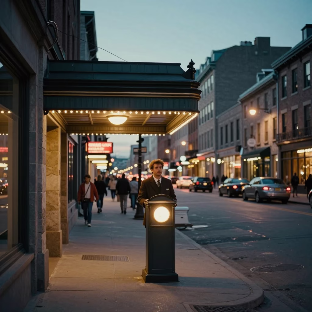 Vintage Montreal Street Scene with Valet Stand and Headlight Streaks at Dusk in in Montreal, Quebec, Canada