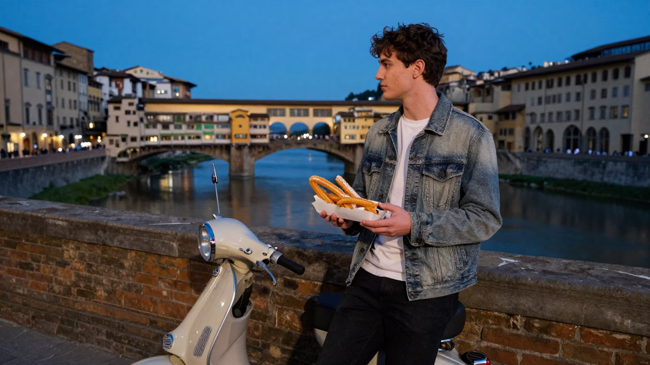 Vintage Moped and Churros on Florence Ponte Vecchio at Dusk in in Florence, Italy