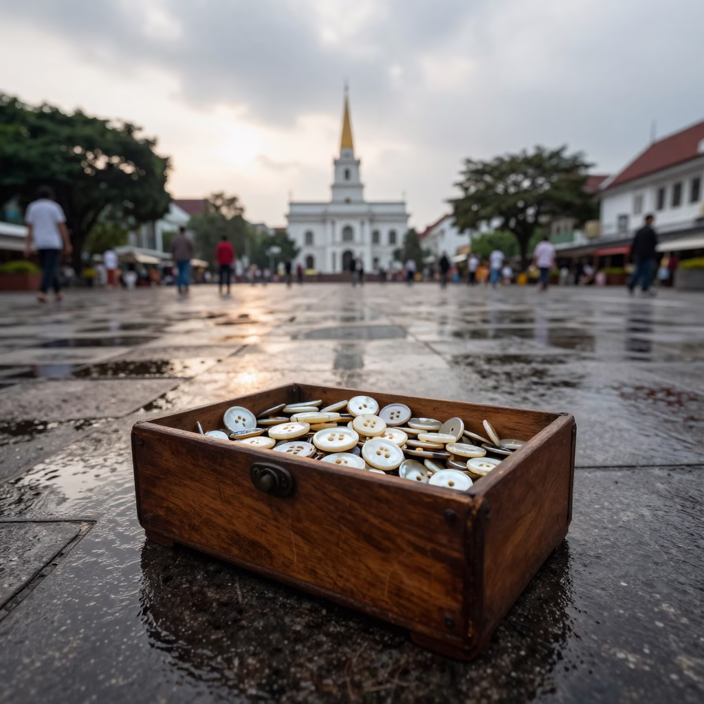 Vintage Mother-of-Pearl Button Box in Medan Square in at a public square in Medan