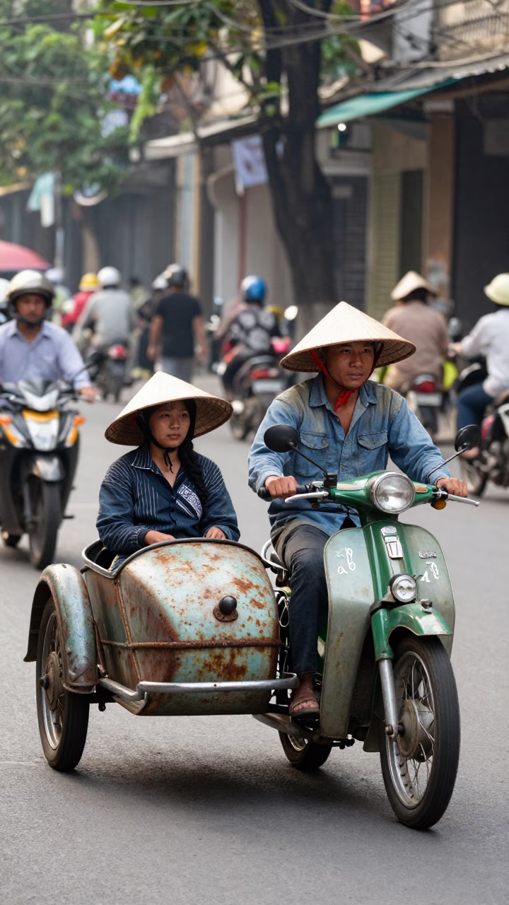 Vintage Motorbike Sidecar Driver in Hanoi Late Morning Street Scene in in Hanoi, Vietnam