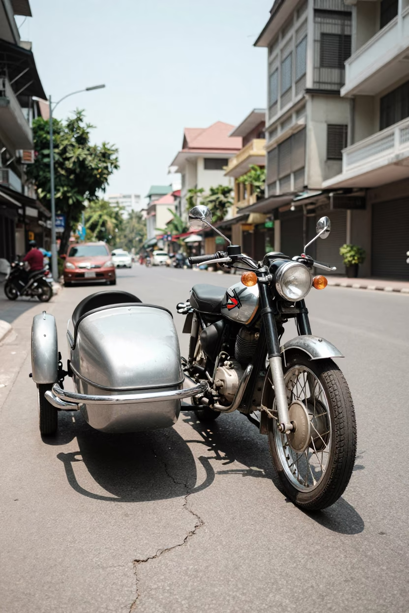 Vintage Motorbike Sidecar Stallion in Ho Chi Minh City Noon Heat in in Ho Chi Minh City, Vietnam
