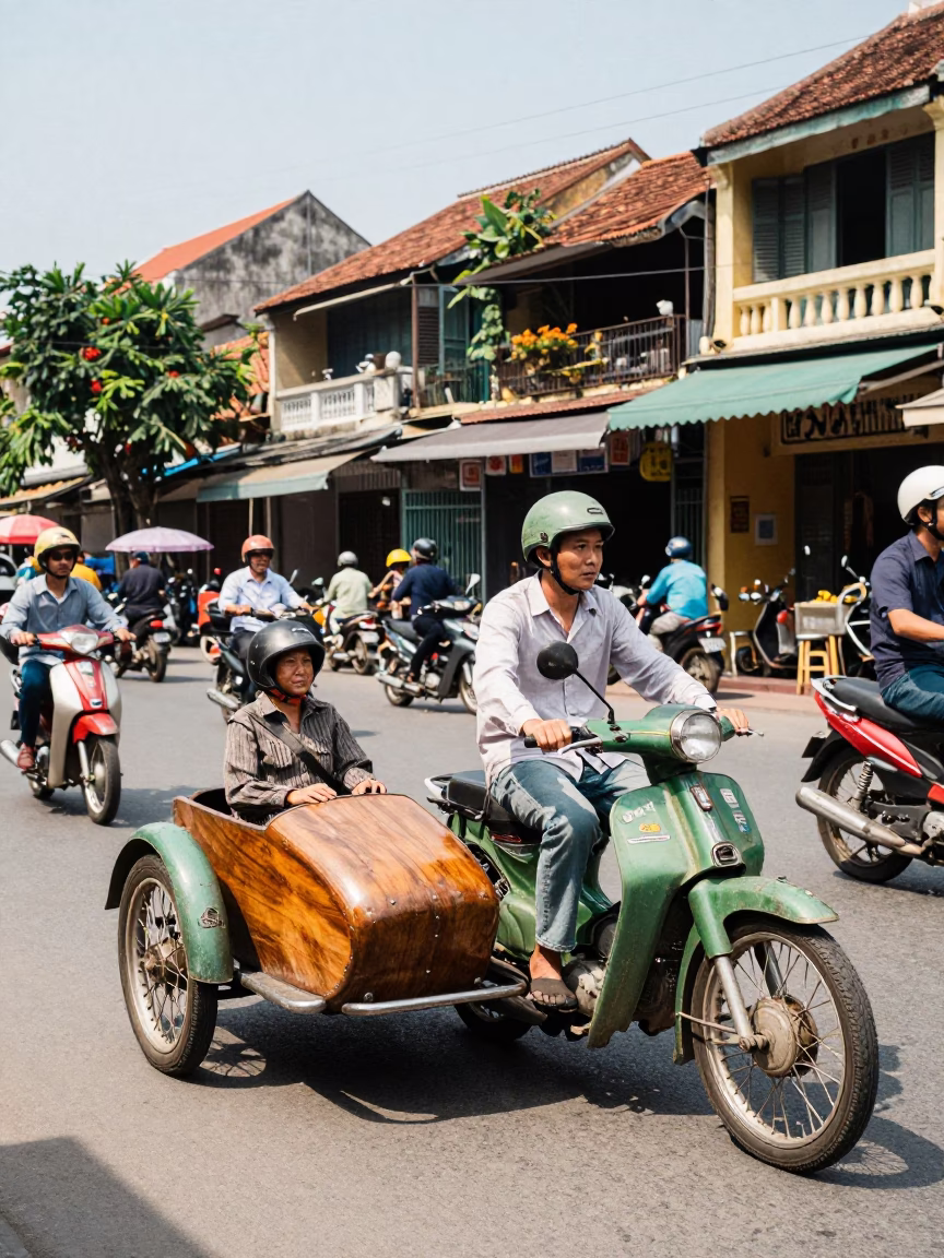 Vintage Motorbike with Sidecar Navigating Busy Hanoi Street at Noon in in Hanoi, Vietnam