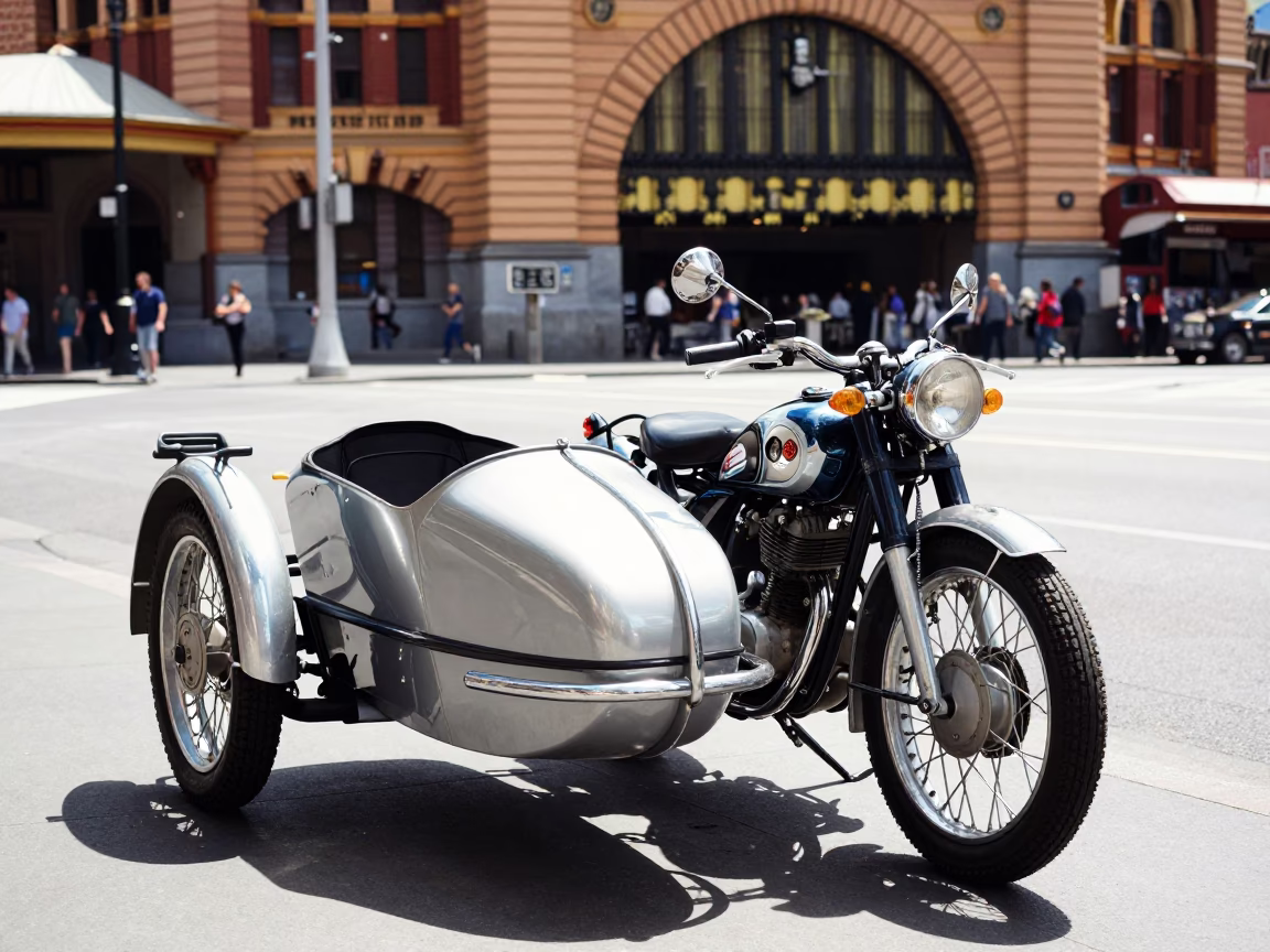 Vintage Motorbike with Sidecar Parked Near Flinders Street Station Melbourne Midday in in Melbourne, Victoria, Australia