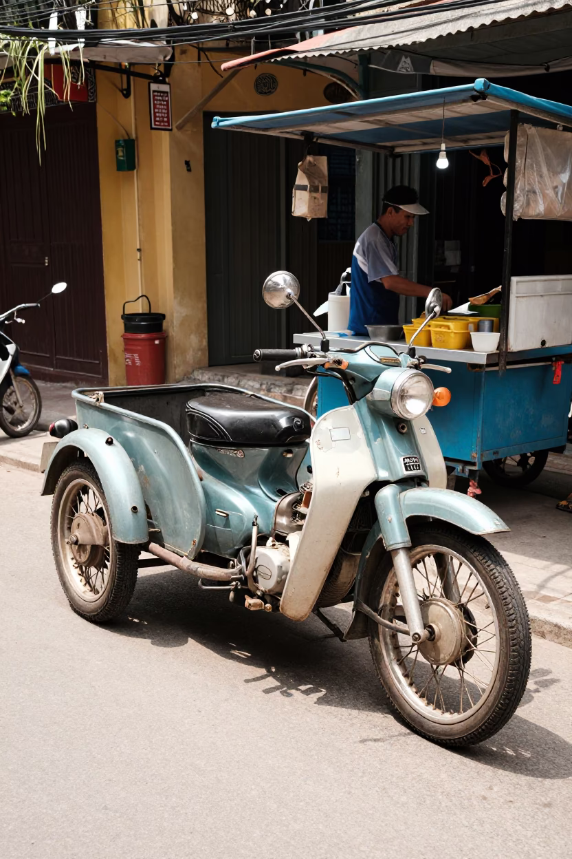 Vintage Motorcycle at Bright Midmorning Light in Hanoi in in Hanoi, Vietnam