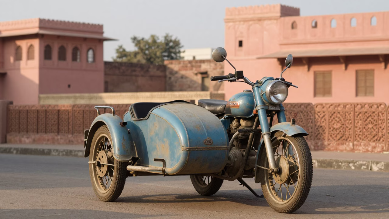Vintage Motorcycle at The Late Morning Light in Jaipur in in Jaipur, India