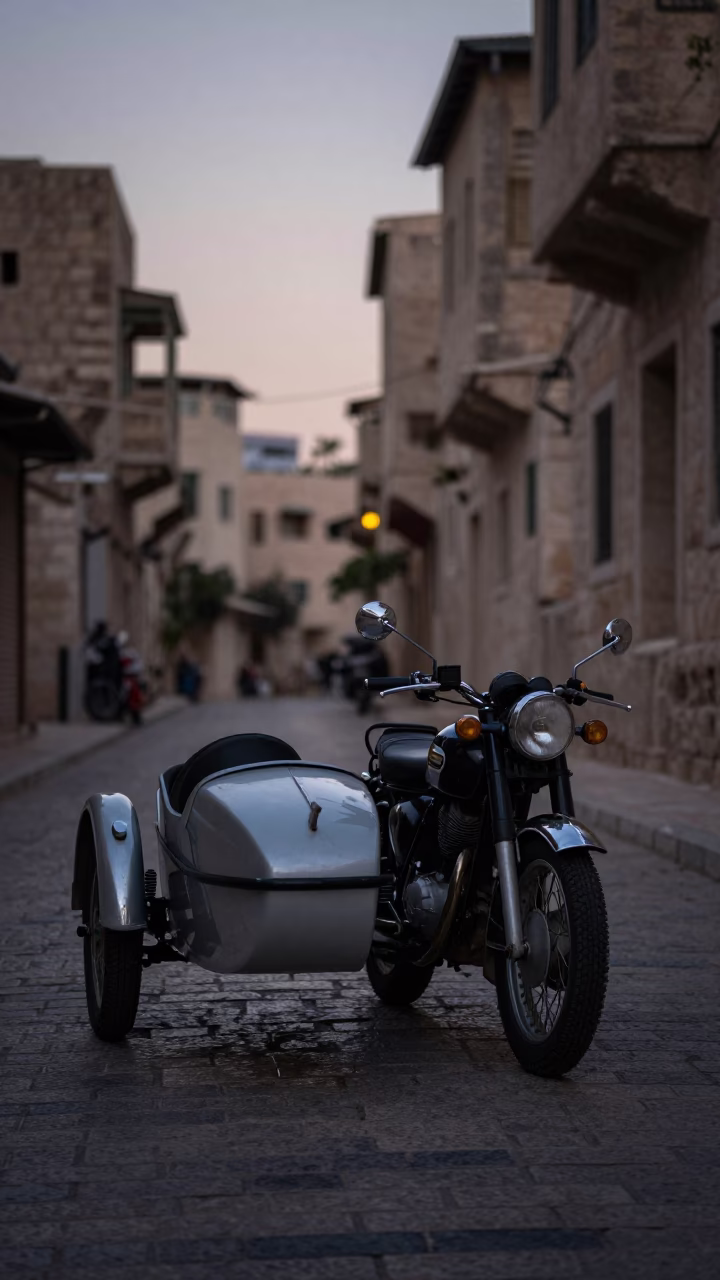 Vintage Motorcycle in Amman at The Still Hours Before Dawn Light in in Amman, Jordan