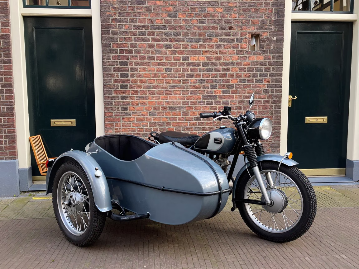 Vintage Motorcycle in Amsterdam at As First Light Reaches The Scene in in Amsterdam, Netherlands