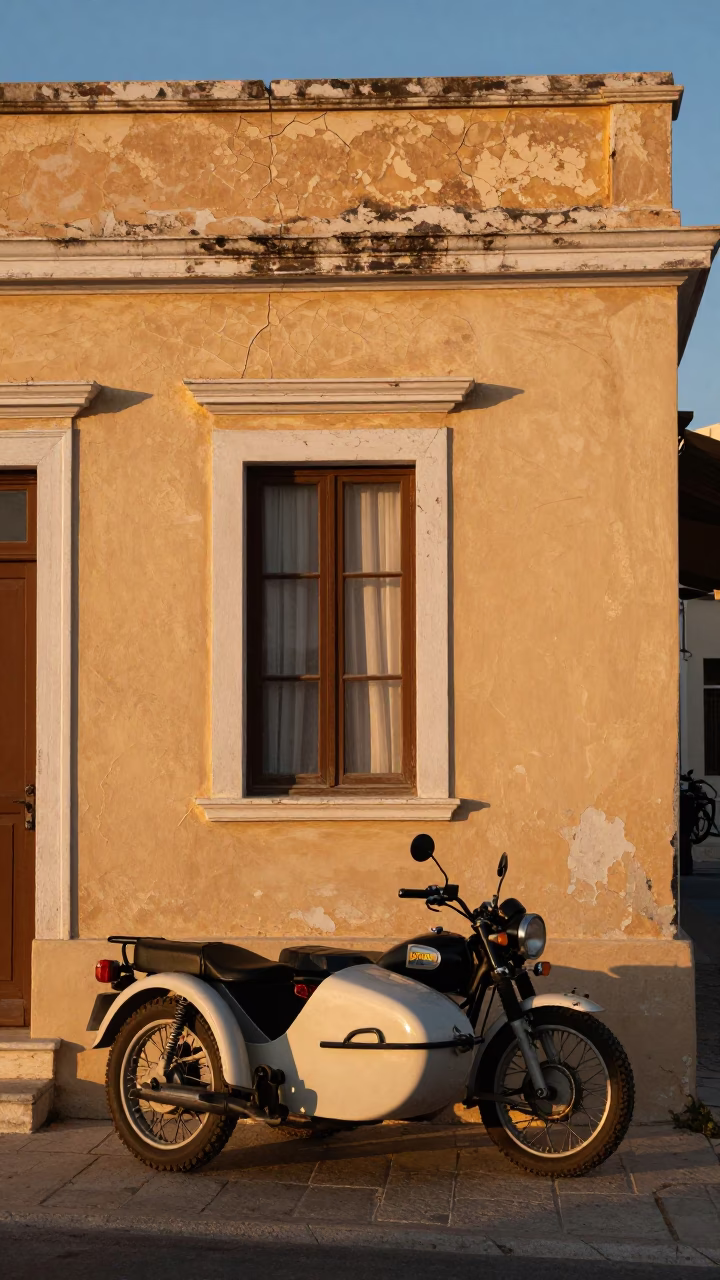 Vintage Motorcycle in Athens at Sunset Light in in Athens, Greece