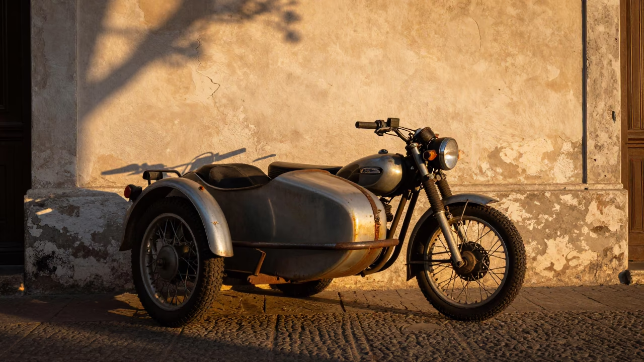 Vintage Motorcycle in Buenos Aires at Sunset Light in in Buenos Aires, Argentina