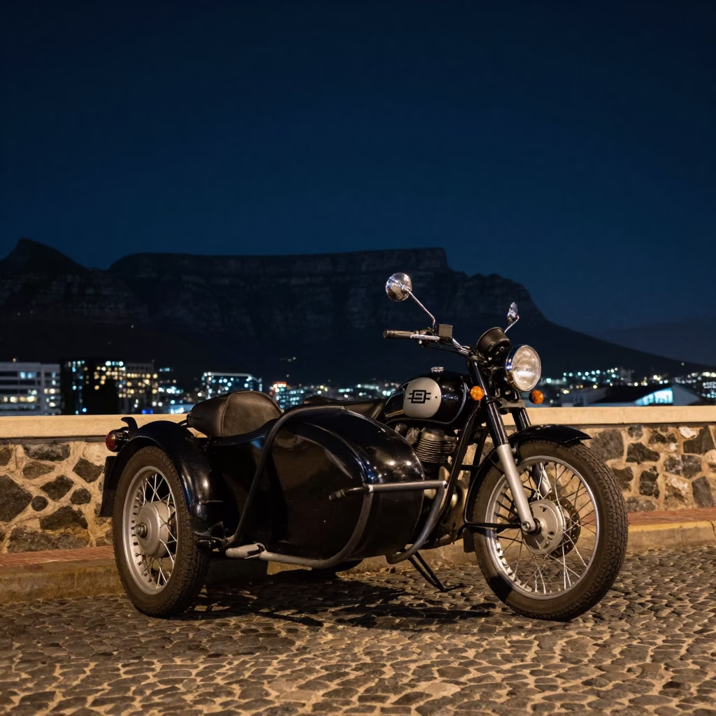Vintage Motorcycle in Cape Town at The Deepest Night Sky Light in in Cape Town, South Africa