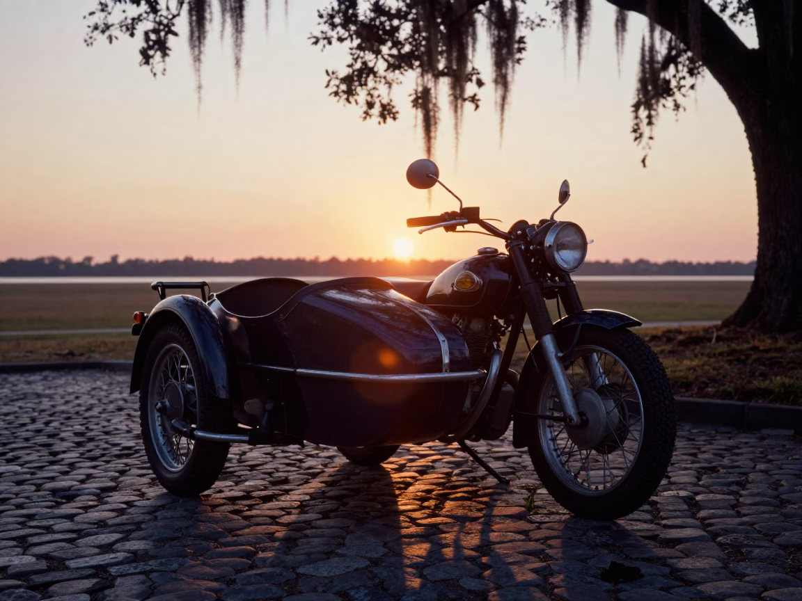 Vintage Motorcycle in Charleston at As The Sun Drops Toward The Horizon in in Charleston, South Carolina, United States
