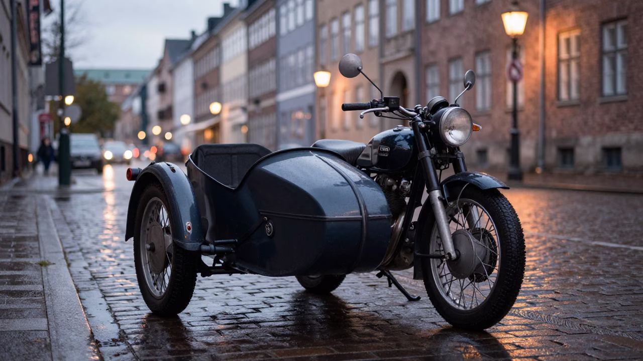 Vintage Motorcycle in Copenhagen at The Still Hours Before Dawn Light in in Copenhagen, Denmark