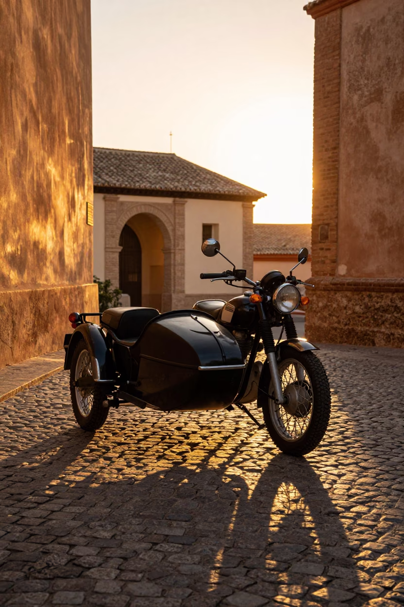Vintage Motorcycle in Granada at Sunset Light in in Granada, Spain